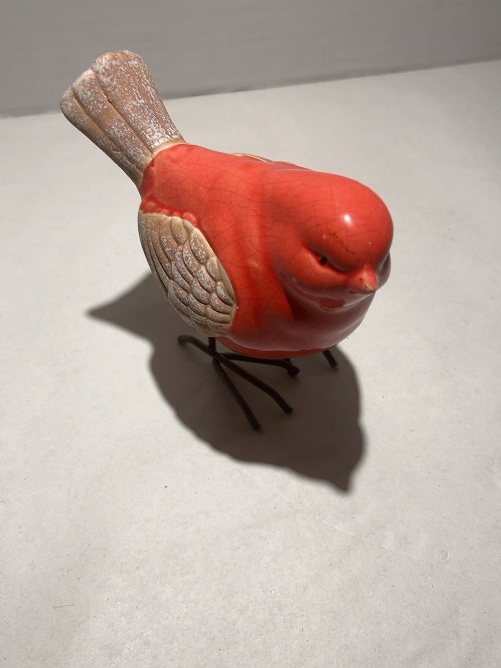 Red Ceramic Cardinal Bird Figurine Crackle Glaze Metal Wire Legs Rustic Decor